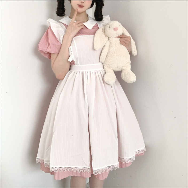 Vintage Fashion Dresses - Lange roze-witte dienstmeisjesjurk met Peter Pan-kraag,